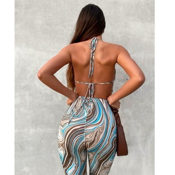 Blue Marble Print Sleeveless Backless Crop Top and Leggings Pants Two Piece Set - Picture 14 of 16